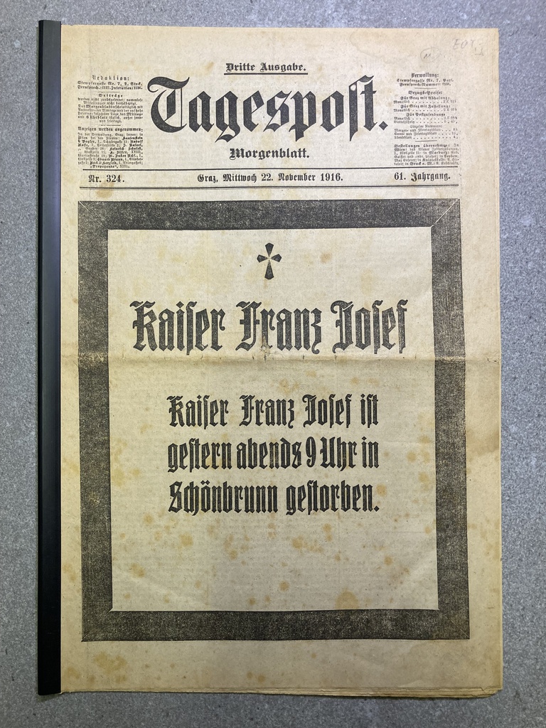 History Zeitung: Tod Kaiser Franz Joseph I Tagespost vom 22. November 1916